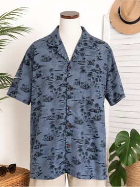 Year In Year Out Men’s XL Hawaiian Shirt Blue Gray Tropical Aloha Button Up